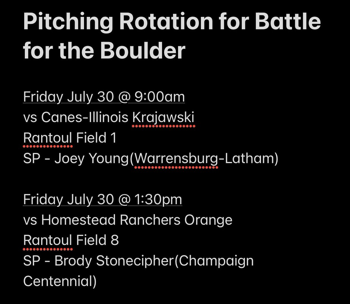 Pitching Rotation for Battle for the Boulder in Rantoul. <a href="/braves2023/">IllinoisBraves2023</a> <a href="/ILBraves/">Illinois Braves</a> <a href="/BrodyStoneciph1/">Brody Stonecipher</a> @joeyyoung30