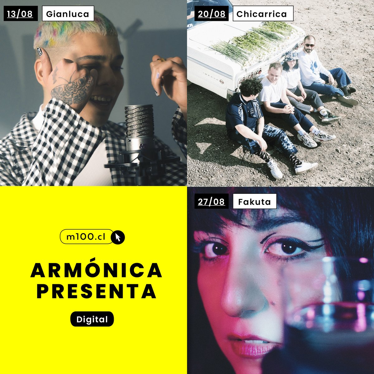#20AñosM100 | 🎶 Agosto se llena de música con "Armónica Presenta", ciclo digital compuesto por <a href="/gianluca____11/">Gianluca</a>, Chicarica y @fakuta; parte del Sello <a href="/armonica/">Armónica</a>. Asegura tu entrada, prende tus viernes y baila al ritmo de estos artistas desde las 21 hrs 👉 ow.ly/ZZ4J50FFHJs