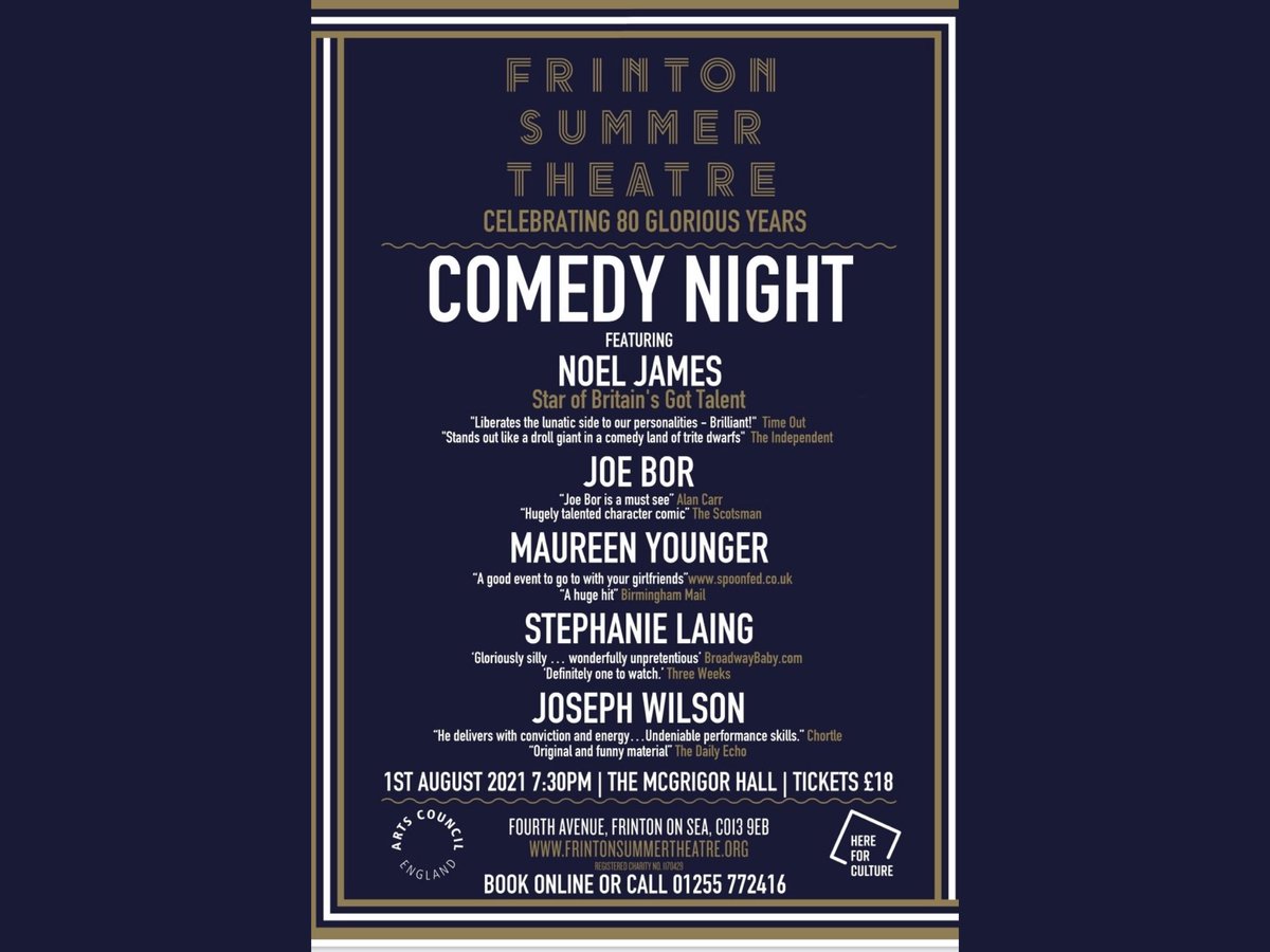 Sunday 1st August #ComedyNight @FrintonTheatre with @noeljamescomic @josephbor @maureenyounger @stephanielaing @josephwilsoncom 
frintonsummertheatre.org

#ComedyNight #Expect #StrongLanguage #Laughter #FrintonOnSea #Essex #GreatNightOut #GoingOutOut