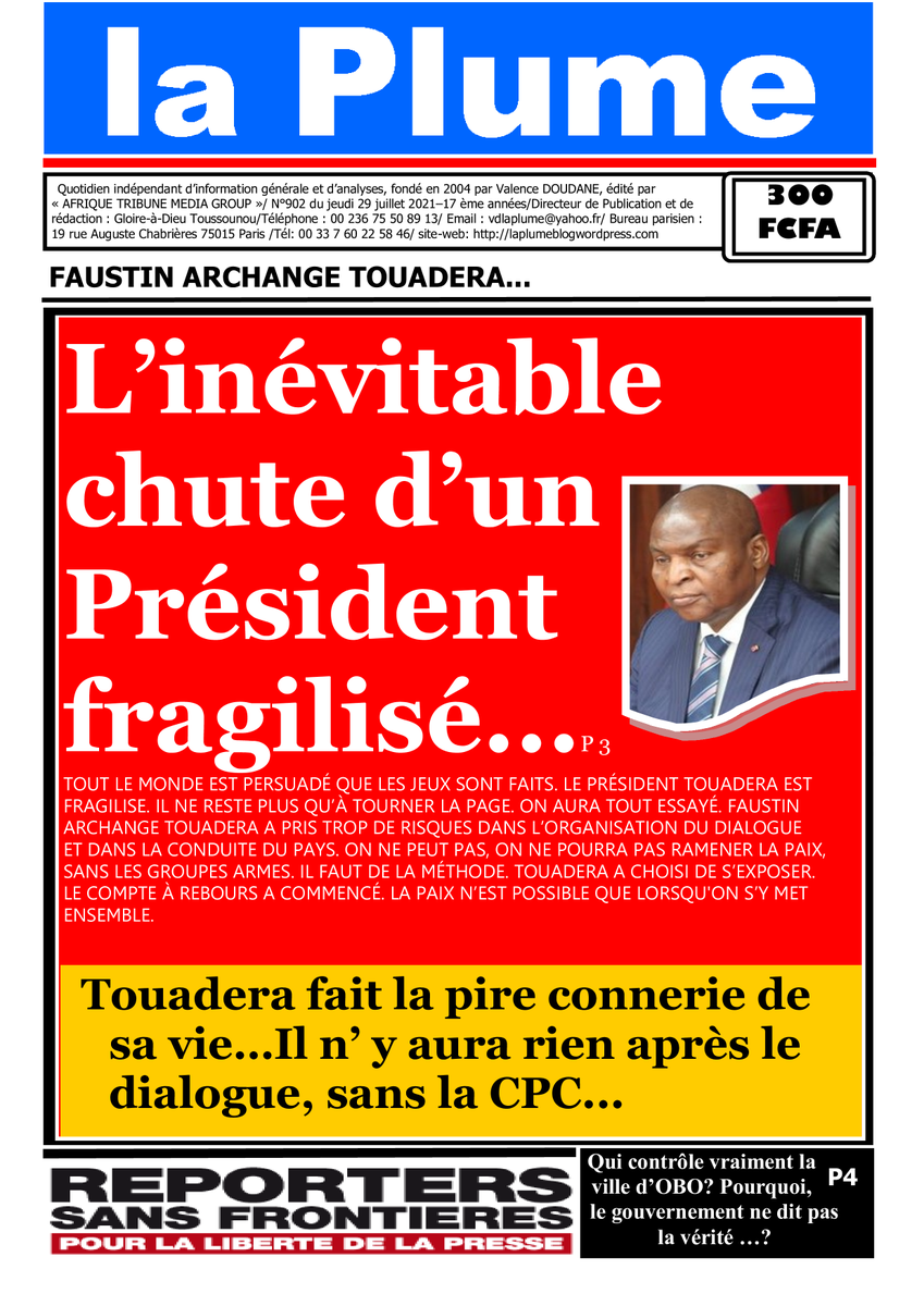 CiBaroud's tweet photo. La Une du journal "la Plume" 
N° 902 du jeudi 29 juillet 2021... https://t.co/iEQodYoLx8