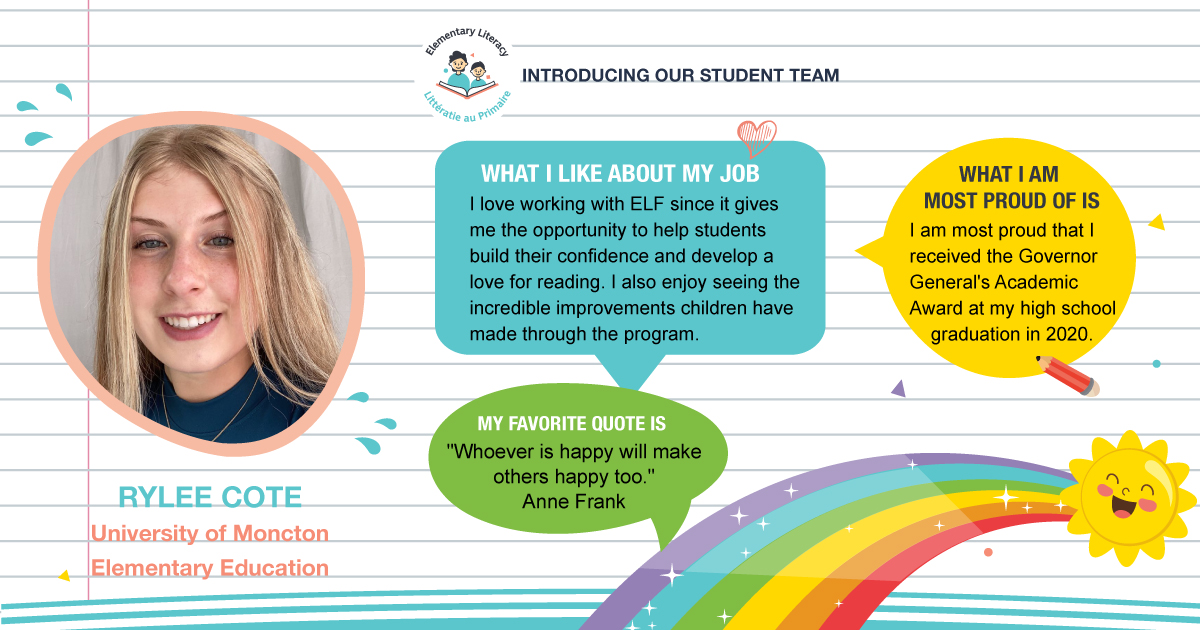 Introducing an ELF tutor…. Rylee!

Rylee delivers the virtual ELF program, which supports and improves children’s literacy skills -  skills which are critical for children’s futures.

#elementaryliteracy #NewBrunswickvolunteers #readingintervention #OnlineVolunteering