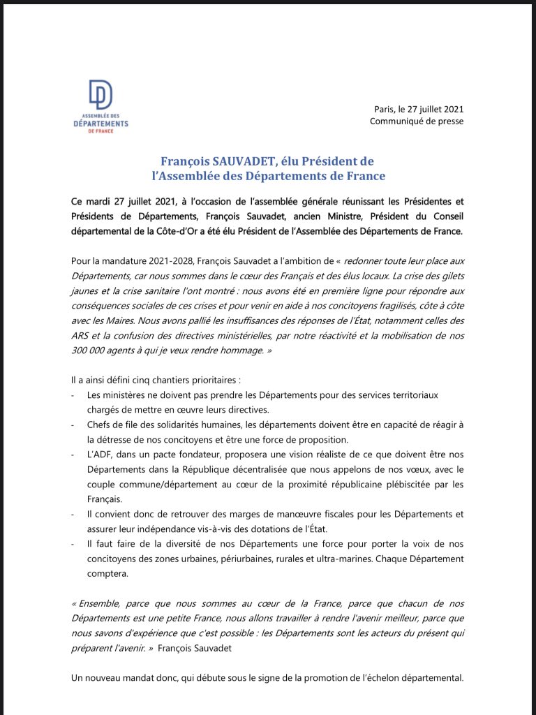 Toutes mes félicitations à <a href="/Sauvadet/">François Sauvadet</a> pour son élection à la Présidence de <a href="/ADepartementsF/">Départements de France</a>  et à Nicolas Lacroix pour son élection à la tête du <a href="/dci_groupe/">Groupe DCI à l'ADF</a> 
Ensemble, nous redonnerons toute sa place au Département pour servir dans la proximité nos concitoyens.
<a href="/MoselleCD57/">Département Moselle</a>