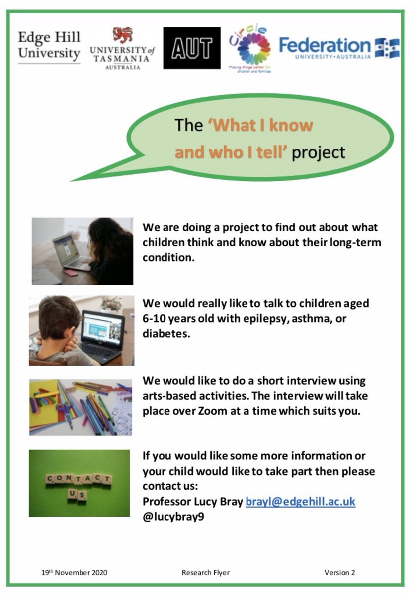LucyBray9's tweet photo. We would love to hear from children aged 6-10 years with epilepsy, asthma or diabetes who would be willing to talk to us over the summer using an online arts based interview. 🎨✏️ 🖍 💻👍@CarterBernie @EHU_FHSCM If you would like more info DM or email brayl@edgehill.ac.uk https://t.co/ToZ53PHtVx