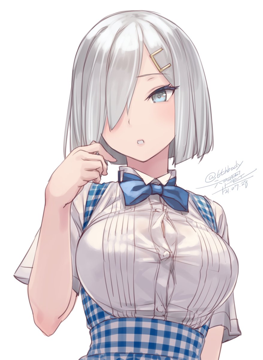 hamakaze (kancolle) 1girl solo hair over one eye breasts hair ornament hairclip short hair  illustration images