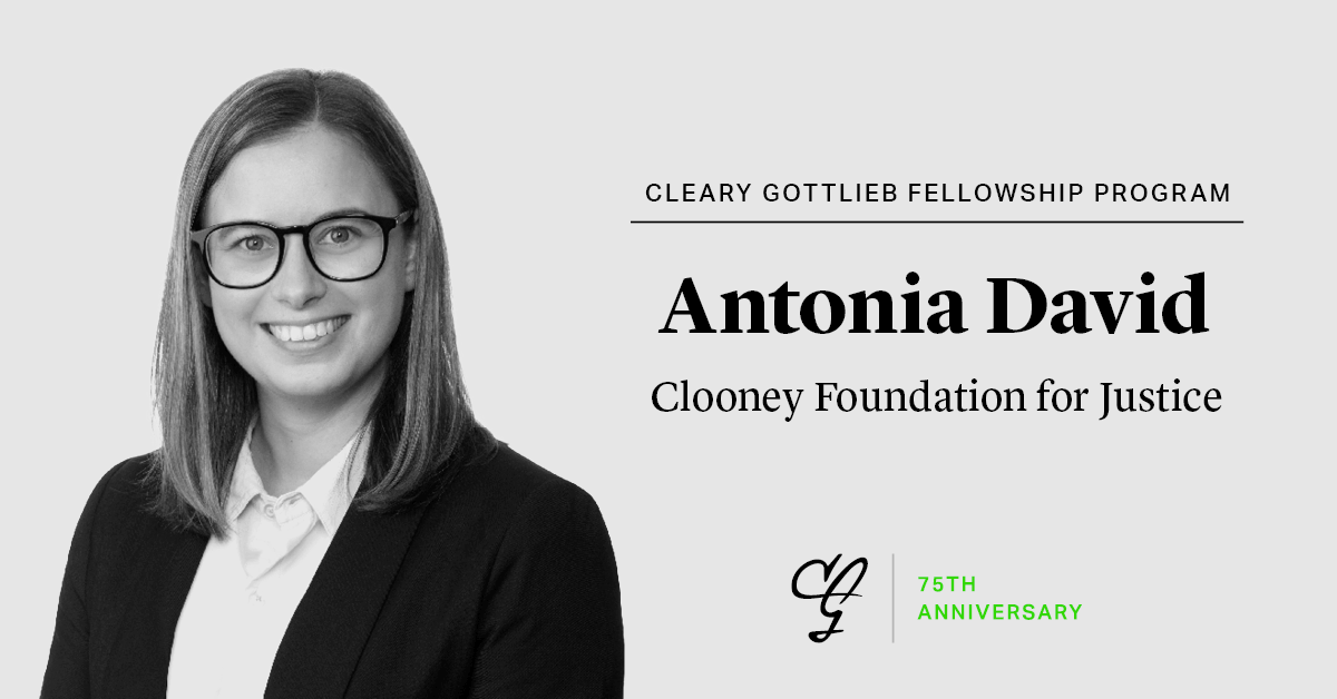 ClearyGottlieb's tweet photo. To celebrate the inaugural class of the #ClearyFellowshipProgram, #ClearyGottliebProBono is recognizing Antonia David’s commendable work at the Clooney Foundation for Justice (@ClooneyFDN). To learn more, click here: https://t.co/rA6eyNVzEg #ProBonoMatters https://t.co/mXycFdiMrK