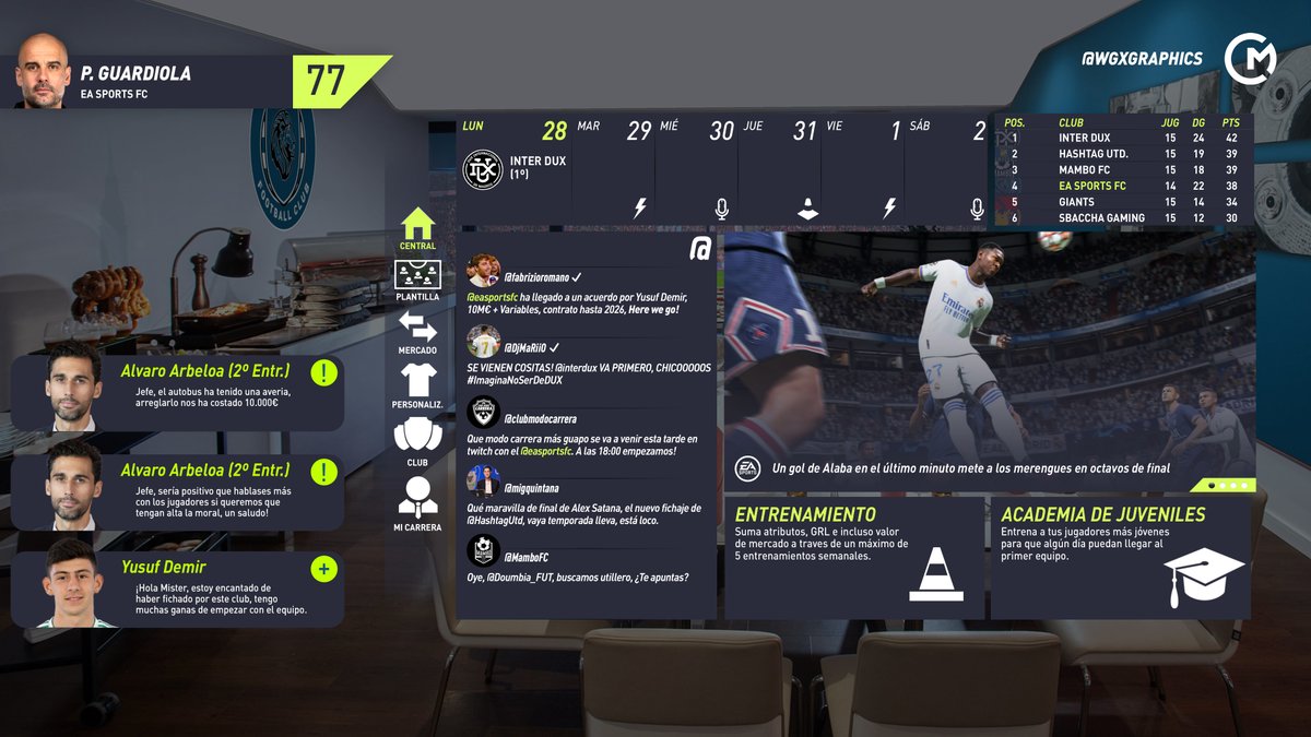 izandegeer's tweet photo. ⭐️CAREER MODE FIFA 22⭐️

🏠 Menú principal (+ Redes sociales)
🛡️ Plantilla (+ 2º Equipo + Juveniles)
🔍Mercado (+ Ojeo, + Cooperación)
👕 Personalización (Camisetas y estadio)

🎨WGXgraphics

🔁❤️ se agradecen, 100 MG para parte 2 👀. https://t.co/pufHvsPJAv