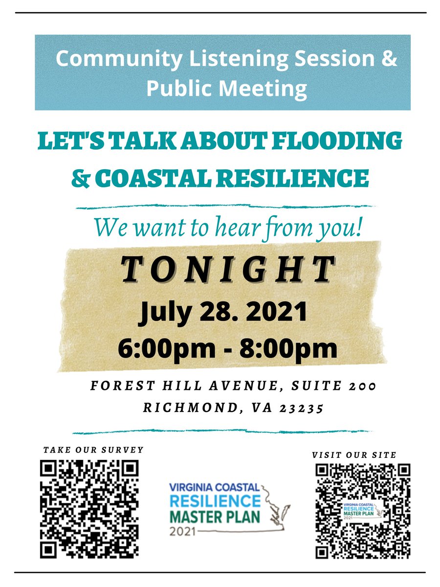 SecretaryBulova's tweet photo. RICHMOND: Let's talk about #Flooding. TONIGHT.
Come share your experiences about flooding and learn more about the #VACRMP at a public meeting being held TONIGHT, July 28 from 6:00pm - 8:00pm.
@PlanRVA
@JRAvirginia
#FloodAwareVA https://t.co/d7O3wSKRr6