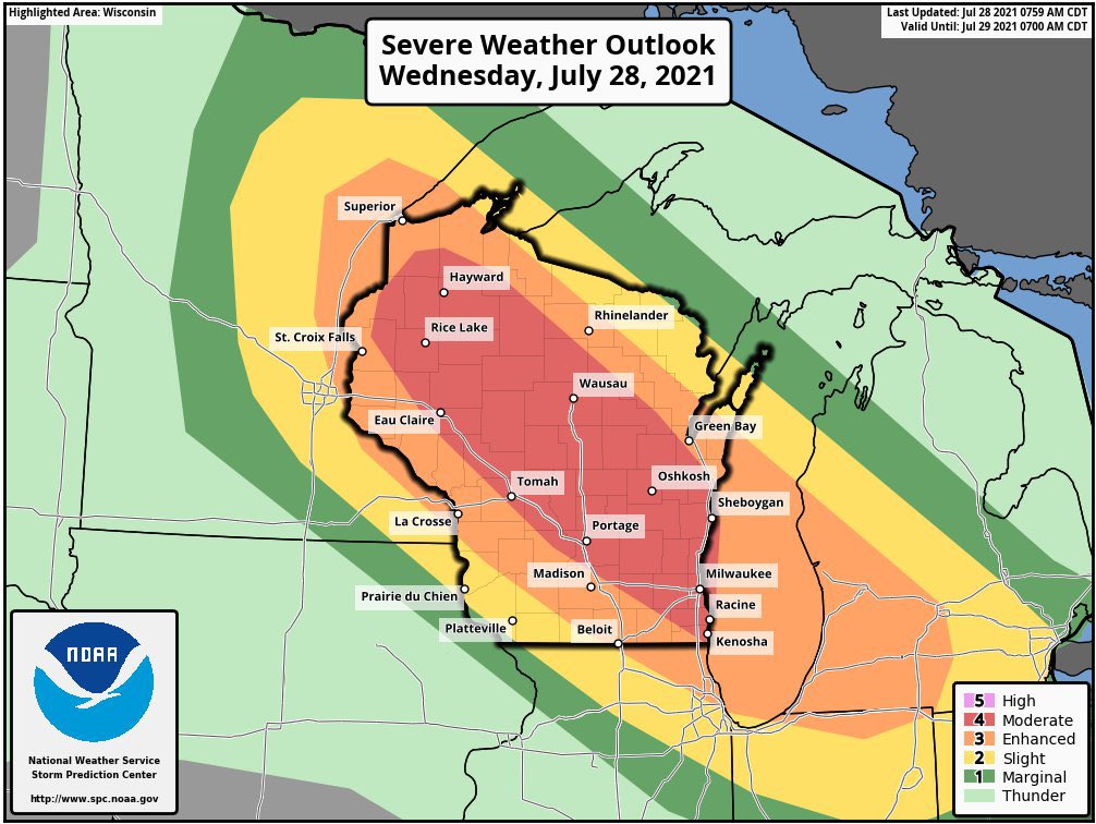 Dangerous moderate risk for severe weather today in Wisconsin,  parts of Michigan and Minnesota Destructive straight line winds, very large hail and tornadoes. 

This is a nighttime setup into the overnight. You need to have a way to receive warnings even when you’re sleeping. https://t.co/ltLv75RWKt