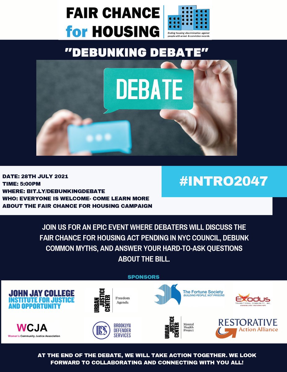 WomensCJA's tweet photo. Tonight two members of the @Justice4WomenTF will participate in the "Debunking Debate" hosted by @FairHousing_NYC. Make sure to register at: https://t.co/PwCtmTf7Bg #FairChanceforHousing #PassIntro2047 https://t.co/SkberF8dyu