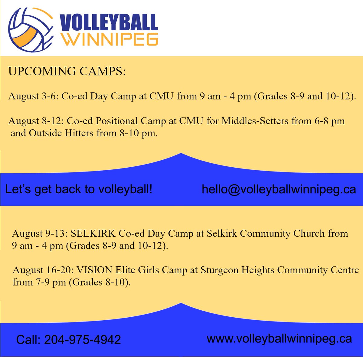 VballWpg's tweet photo. UPCOMING CAMPS UPDATE! All registrations are open, visit https://t.co/y9rnVlBBgP
to grab your spot and feel free to DM us or email us at hello@volleyballwinnipeg.ca with any questions!😊🏐 https://t.co/zWx9tYbb9x