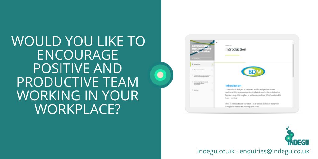 IndeguLtd's tweet photo. Have you seen our free #elearning resource in collaboration with @BDMLtd?  We’ve put together the resource to give you  information on adjusting the way we communicate after working from home. Access the free online course here:  https://t.co/unjROuBccY
#WeekdayUK #brumhour https://t.co/gwXLzhhGSh