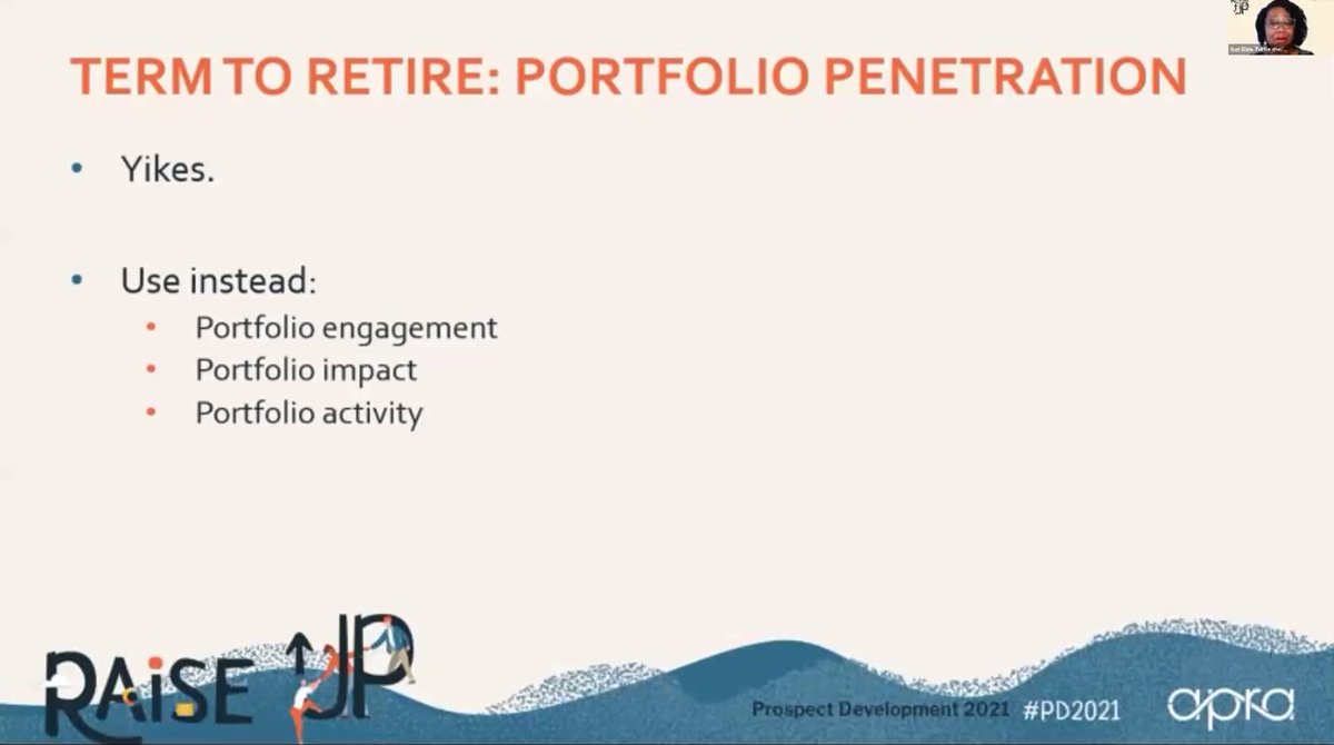 _LindseyNadeau's tweet image. Please for the love of all that is good in this world, can we PLEASE PLEASE PLEASE retire the phrase portfolio penetration? I use portfolio saturation, but these are great options too! @Apra_HQ #PD2021 #ProspectDevelopment