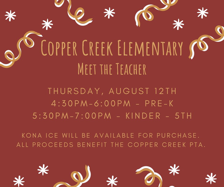Save the Date!
Teachers will contact families on August 9th and 10th. Please feel free to bring your school supplies to Meet the Teacher. 
#CopperCreekCowboys