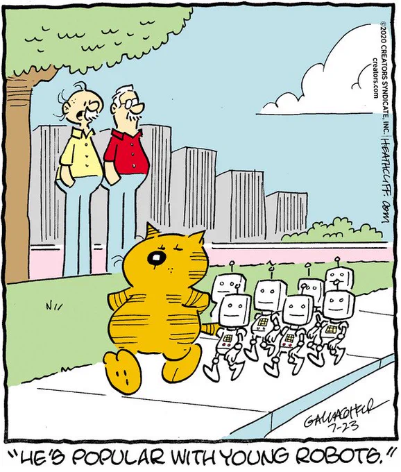 I'm high right now because I made the perilous desicion to do so before work but I'm filled with so much kind and happy feelings over these two images....two gay old men looking on at the delightful sight of the orange bootleg garfield cat and his little robots 