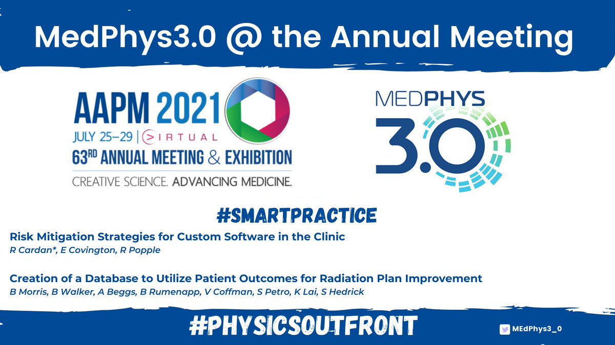 MedPhys3_0's tweet photo. Be sure to check out these incredible examples of #smartpractice in action at the @aapmHQ Annual Meeting #AAPM2021.
Interested in learning more about #MedPhys30 and the Smart initiatives - > https://t.co/ykmH84iqJ1
#PhysicsOutFront #PhysicsForEveryPatient #ReinvigorateMedPhys https://t.co/5deGCiXYWT