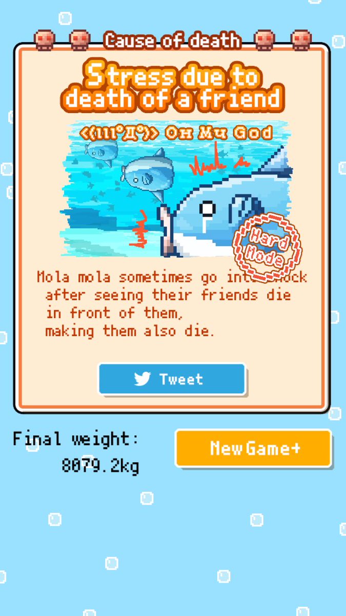 Man12Eric's tweet image. noooooooooooo

がんばって育てたマンボウが…
＿人人 人人＿
＞ 突然の死 ＜
￣Y^Y^Y^Y￣
死因: [Stress due to death of a friend]
体重：8079.2kg
無料育成ゲーム【生きろ！マンボウ】
#マンボウ selectbutton.jp/apps/manbo