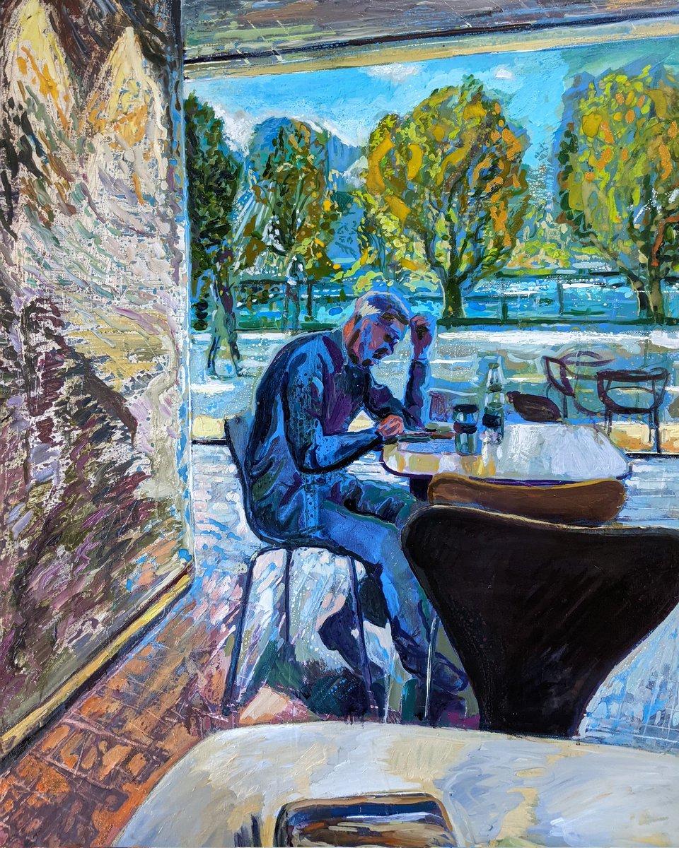 Painting is finished! I like the classic thinker pose in this one. Lots of surprising things happened in this, little suggestions that came out of nowhere. 
#contemporaryart #contemporarypainting #landscapepainting #urbanart #art #oilpainting