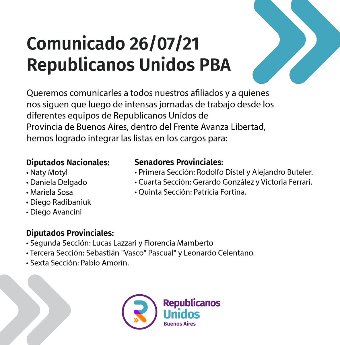 Les compartimos como cerró  <a href="/RU_PBA/">Republicanos Unidos PBA</a> dentro de @avanzalibertad_ a nivel nacional, provincial y municipal.
Gracias a todos por el apoyo. Los Precandidatos, voluntarios, a quienes estuvieron en este proceso acompañando. 
Rumbo a las #PASO
#CierreDeListas