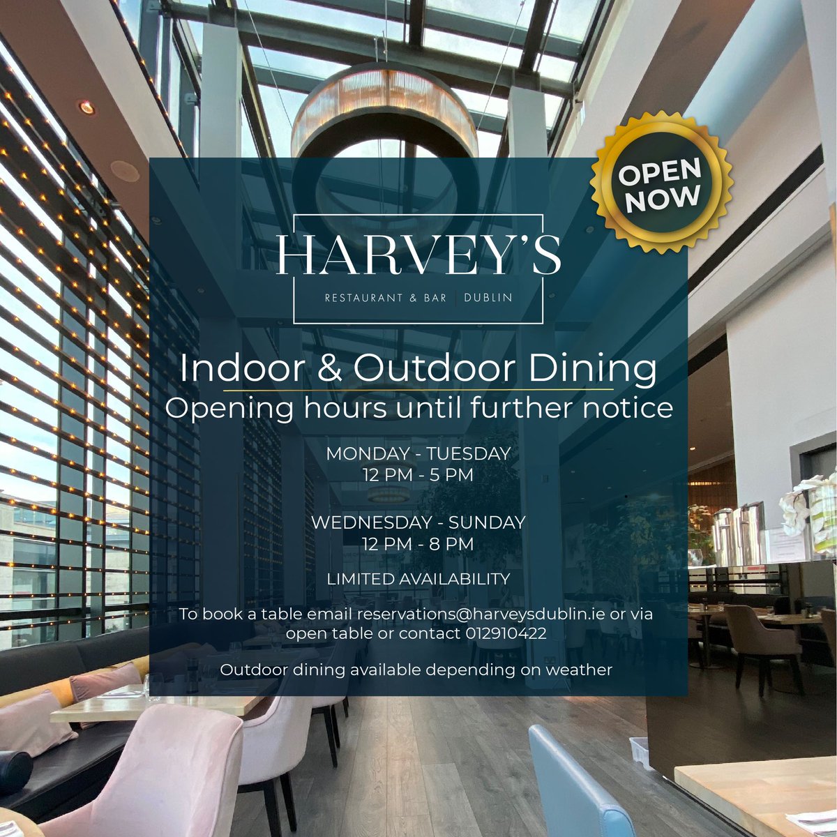**UPDATED OPENING HOURS**
We are so happy to be finally open for indoor dining! 

We are open:
Monday - Tuesday: 12PM - 5PM 
Wednesday - Sunday: 12PM - 8PM

We are still open for outdoor dining depending on the weather.
#harveysdublin