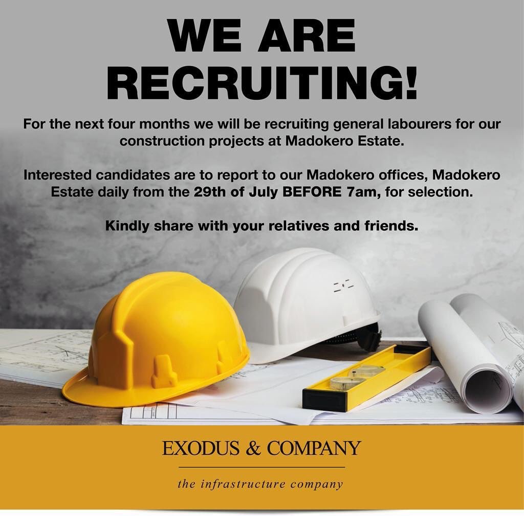 WE ARE RECRUITING!

For the next four months we will be recruiting general laborers for our construction projects at Madokero Estate.

Interested candidates are to report to our Madokero offices, Madokero Estate daily from the 29th of July BEFORE 7am, for selection.