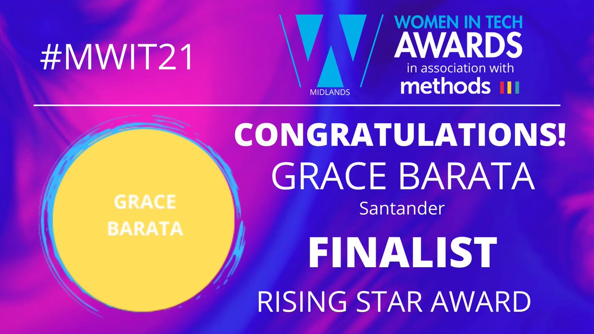 WITAwards's tweet photo. Congratulations! @GracetheDev of @santanderuk finalist for 'Rising Star' Award @WITAwards in association with @MethodsDigital we look forward to celebrating with you all on 07.10.21 @eastsiderooms #MWIT21 https://t.co/OjcoQNHyMG
