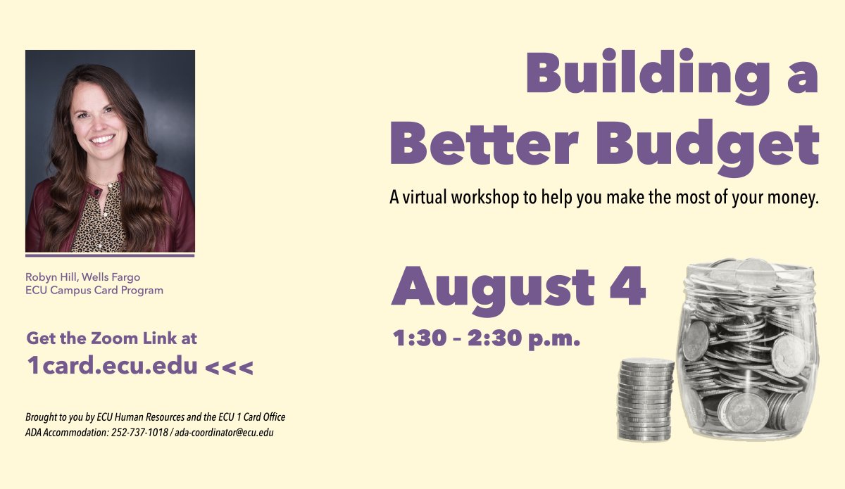 🗓️ Mark your calendar for Wed., Aug. 4, 1:30-2:30pm: Grab a late lunch &amp; learn steps to building a better budget.
⏩⏩ Zoom in/call-in for this interactive session to help plan a personal budget.💰 
Login links at 1card.ecu.edu
#ECU #ECUStaffSenate #ECUAlumni #ECUGrad