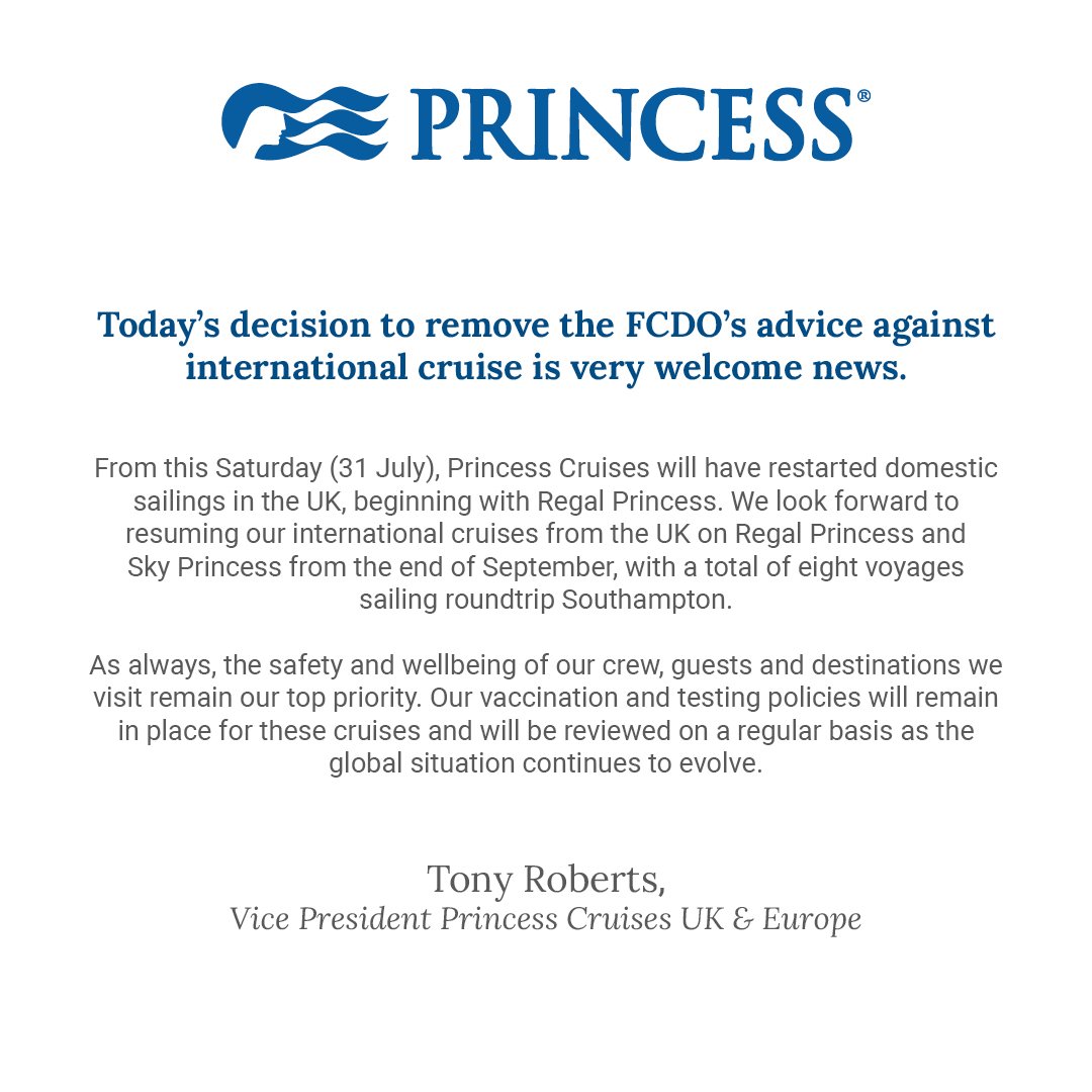 PrincessUKSales's tweet photo. A comment from @TonyRoberts101 following today's decision by Government to allow the restart of international cruising 🎉🎉🎉 https://t.co/R4PWKF8ZXy