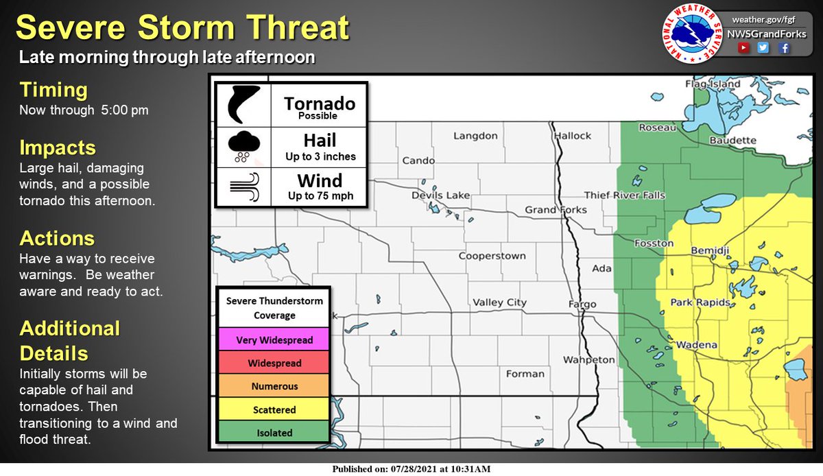 Isolated to scattered severe storms will be possible this morning and into the afternoon across northwestern and west central Minnesota. Be sure to stay weather aware and have a reliable way to receive weather updates! #ndwx #mnwx https://t.co/adfdqGOJsi