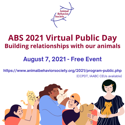 AnimBehSociety's tweet photo. Did you know you can get CEUs for #abspublicday2021 on August 7, 2021? #iaabc and #ccpdt CEUs available for dog trainers and behaviour consultants, check out the #ABS2021 ABS Public Day webpage for details! https://t.co/LSPbK7oG3O https://t.co/kYGaxWoRJa