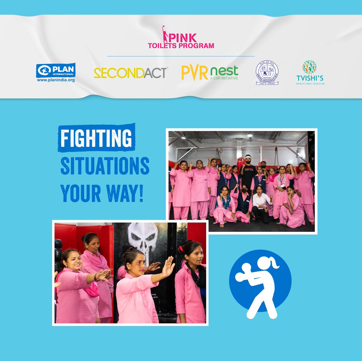 TheSecondAct3's tweet photo. On 9th July, self-defense training was organized by @Plan_India for the Pink Toilets project colleagues in association with @PVR_NEST Second Act &amp; Knockout Fight Club in order to ward off vulnerable situations and make women prepared to fight back. https://t.co/3Q8UqPeNaN