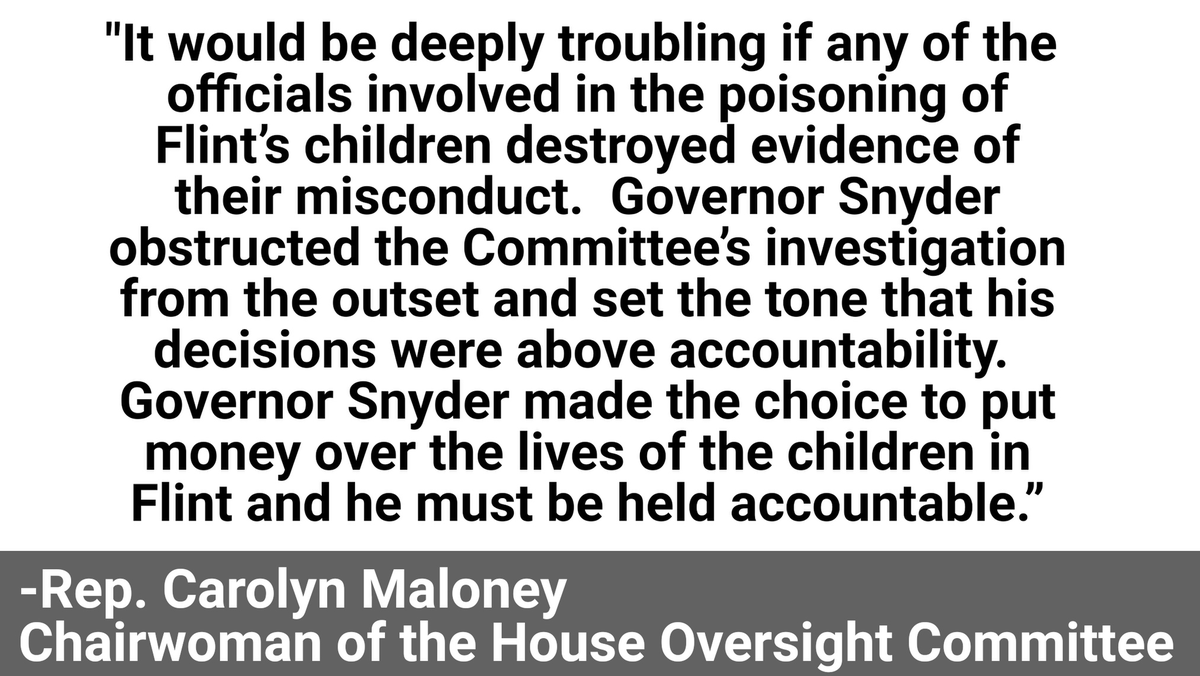 #BREAKING: Dem.-controlled House Oversight Committee responds to our #FlintWaterCrisis cover-up bombshell, saying it would be "deeply troubling" if Snyder admin. destroyed evidence of potential crimes. Source tells me + @JennElizabethJ cmte is investigating based on our reporting