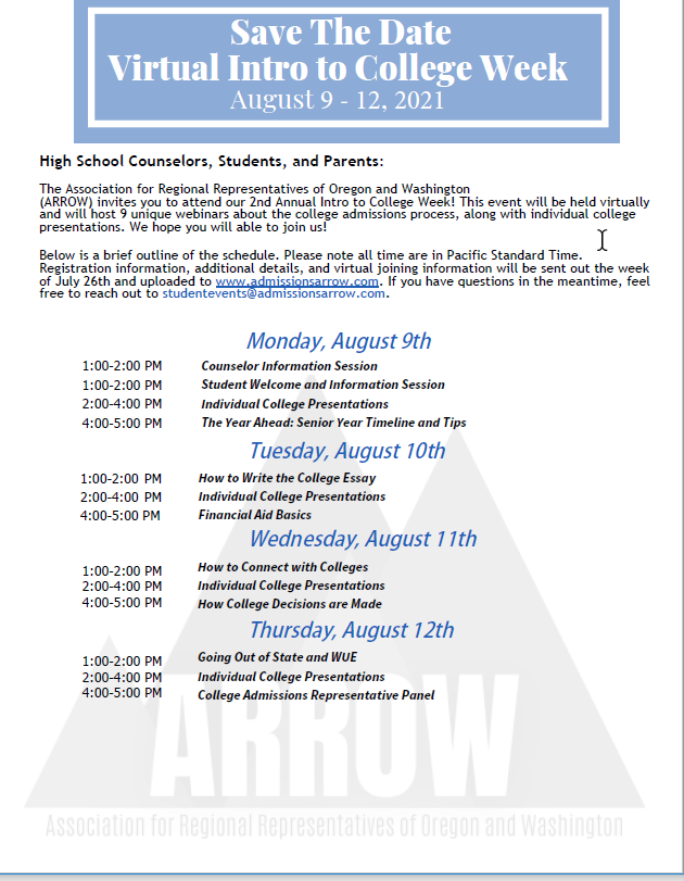 Thank you #IntrotoCollegeWeek -- Registration is open for students and parents. admissionsarrow.com/intro-to-colle…