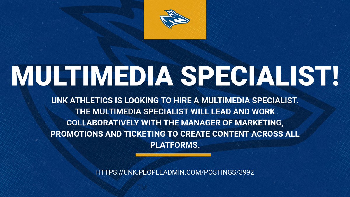 UNK Athletics (@unk_athletics) on Twitter photo Join our team! UNK Athletics is looking to hire a Multimedia Specialist.
Apply here:
unk.peopleadmin.com/postings/3992
<a href="/SCCUnited/">Sports Creative Community</a>
<a href="/WojCreative/">Woj Creative ✍️</a> Join our team! UNK Athletics is looking to hire a Multimedia Specialist.
Apply here:
unk.peopleadmin.com/postings/3992
<a href="/SCCUnited/">Sports Creative Community</a>
<a href="/WojCreative/">Woj Creative ✍️</a>