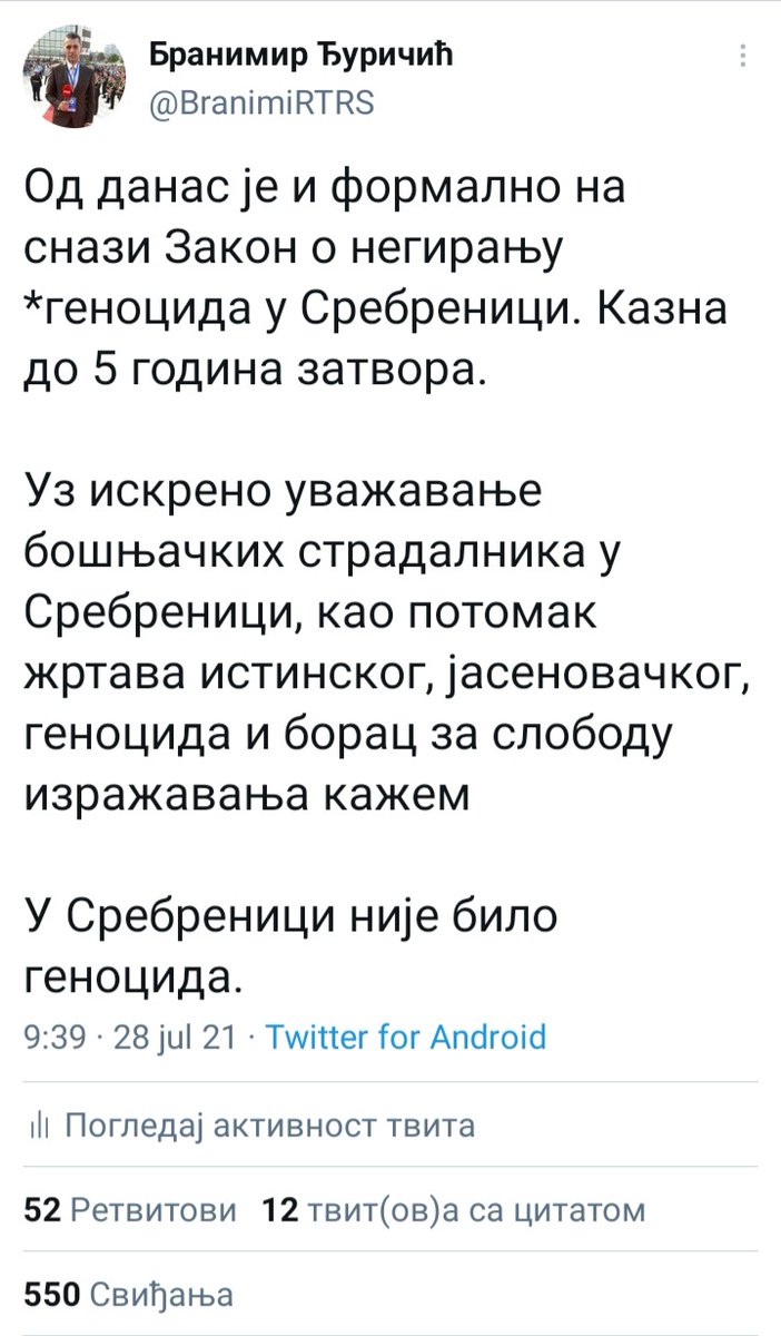 BranimiRTRS's tweet photo. Почело је...
Како сазнајем, против мене је већ поднесена кривична пријава због става изнесеног на твитеру. https://t.co/ibJVTGStEi