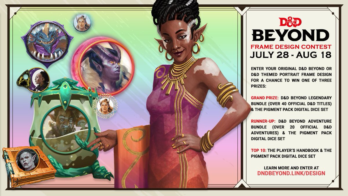 Wish that you could make your own portrait frame for the D&amp;D Beyond character sheet? Until 08/18, submit your original frame design for a chance to win 1 of 10 prize packs &amp; have your design come to life on DDB. Visit dndbeyond.link/design to submit &amp; learn more! #contest #dnd