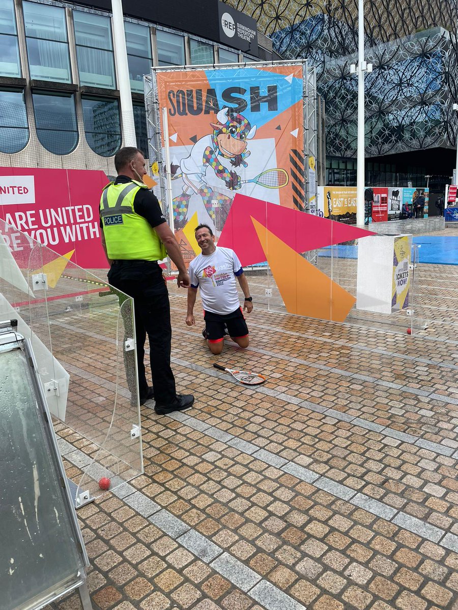 Squash2022's tweet photo. Real community spirit at the #1YearToGo until #B2022 celebration. @MrSquash6 and the @WMPolice showing each other some love and respect 💘 #SquashUnited https://t.co/ck5FzI1zsC