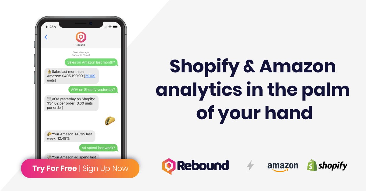 Tired of confusing dashboards? Get Shopify and Amazon analytics sent to your phone.

Rebound - the future of dashboards.

#analytics #shopify #shopifystore #amazonseller #nomoredashboards