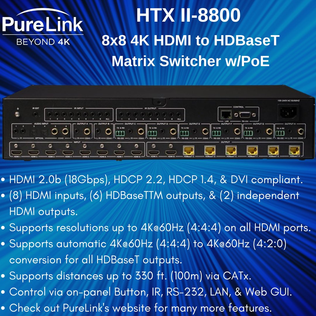 meyersalesgrp's tweet image. purelinkav.com/product/8x8-4k…
PureLink, HDTools™ HTX II-8800 is an 8x8 4K HDMI to HDBaseT Matrix Switcher with PoE.

In Florida/Puerto Rico/Caribbean, contact Meyer Sales Group at info@meyersalesgrp.com

@PureLinkAV 

#technology #matrixswitcher