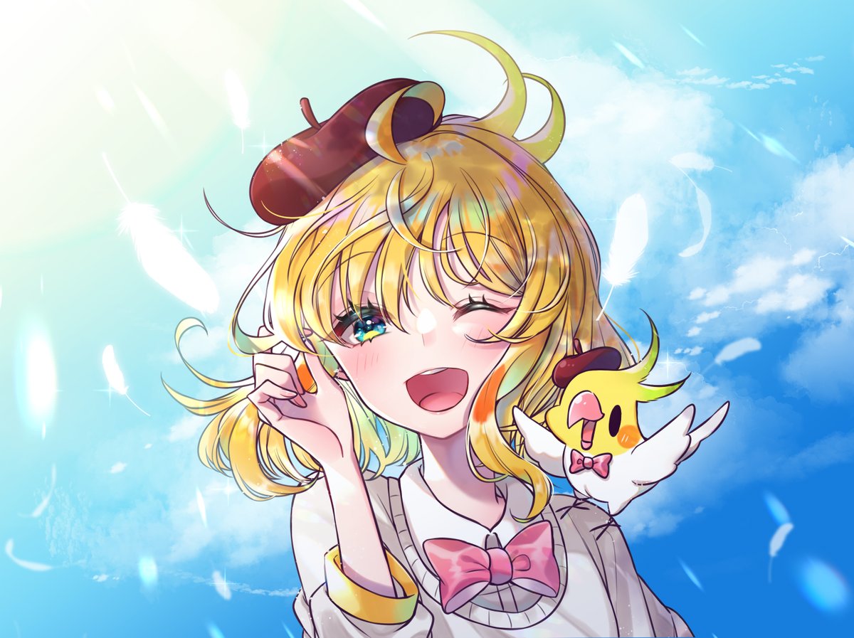 1girl blonde hair one eye closed hat bow smile open mouth  illustration images