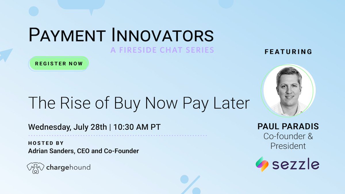 chargehound's tweet photo. Today, Buy Now Pay Later with @MinnyPaul on Chargehound's #PaymentInnovator fireside chat! Join us below: https://t.co/t9yG3n4okV https://t.co/TOHlkZaYjt