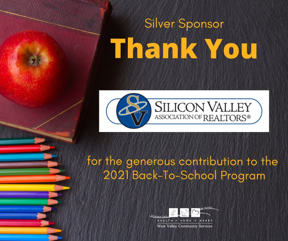 WestValleyCS's tweet photo. Silicon Valley Association of REALTORS® is a proud supporter of #WVCS's 2021 Back-To-School Program.
https://t.co/9KWtWY96s8
#WestValleyCommunityServices #NonProfit #ClientServices #SpecialPrograms #BackToSchool #B2S #BecauseOfYou #Appreciation #CommunityEngagement https://t.co/wIELHaenqm