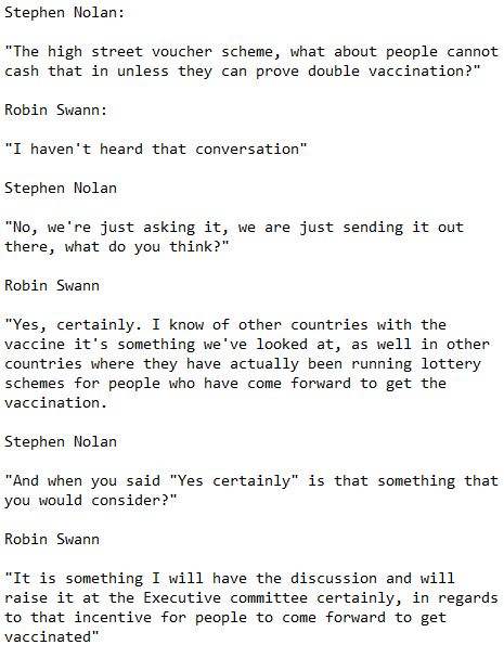 WrecklessGamer's tweet photo. It's rather unfortunate that @BeattieDoug is calling people liars on here, a most unpleasant slur.

I've transcribed the full interview between Stephen Nolan and Robin Swann.

I've also included the headlines that followed.

I guess folk can make up their own minds. https://t.co/vn4jHLlmug