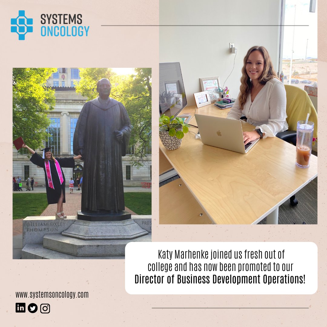 SystemsOncology's tweet photo. Katy Marhenke joined us fresh out of college and has now been promoted to our Director of Business Development Operations. We are thankful to have you, Katy! https://t.co/PHUG5btiFM