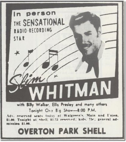 MartyJay2's tweet photo. That classic #ElvisHistory pic that always makes me laugh - his first live performance at #OvertonParkShell #Memphis 30th July in #Elvis1954 when they could not even get his name right on the billing! https://t.co/myEiygTc7c