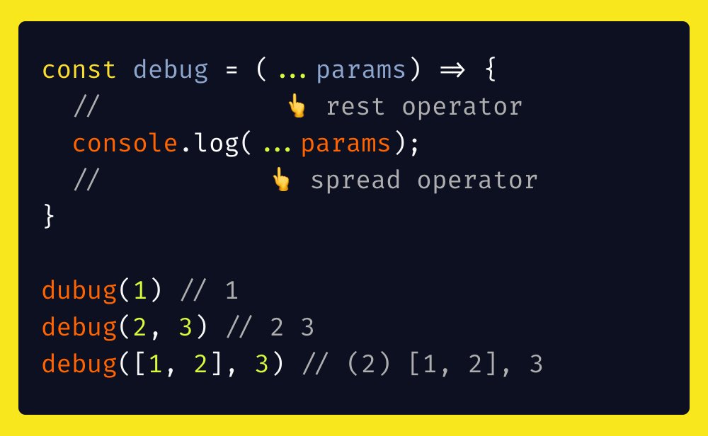heypankaj_'s tweet image. JavaScript Tip

You can use Rest Operator (...) when receiving parameters in Function to capture all the parameters passed to the function.

const debug = (...params) =&amp;gt; console.log(...params);