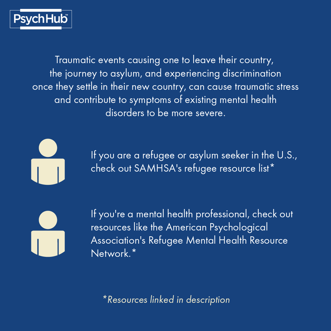 PsychHub's tweet photo. As #MinorityMentalHealthMonth comes to a close we want to raise awareness on the mental health issues that displaced people face. 

If you or someone you know is refugee or asylum seeker in the U.S., check out SAMHSA's refugee resource list: https://t.co/nRRg9sRwQP https://t.co/PQgYwV3fpR