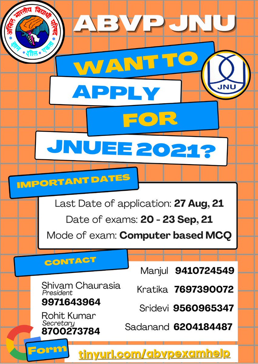 abvpjnu's tweet photo. JNU Entrance Exam forms are out, get in touch with ABVP mentors to avail free coaching for your desired courses. 

Fill this form to avail coaching:
https://t.co/BjMyYVtryT

Register for JNUEE before 27th August 2021.

Sending best wishes to all aspirants. 

ABVP JNU https://t.co/nhcS6JcciU