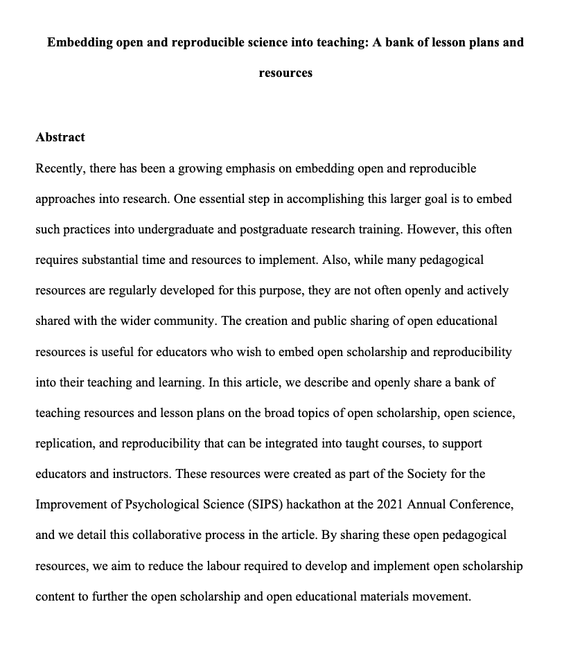 At <a href="/improvingpsych/">SIPS (Account Archived - See Bio)</a> in June, a team of <a href="/FORRTproject/">FORRT</a> people got together to create a bank of lesson plans and activities to support educators embed open &amp; reproducible science into teaching. We've written a paper about the process and share resources here: psyarxiv.com/fgv79