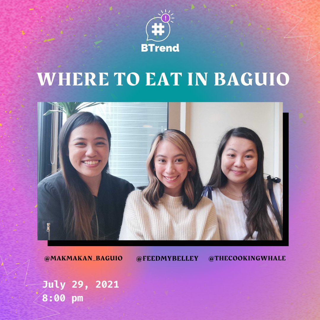 BlogaPlay's tweet photo. Are you ready to join us for a food trip in Baguio City?
Watch our #BTrend episode tonight at 8 PM so you don't miss out on an amazing gastronomical tour. Set a reminder at https://t.co/9zkFh4uZcZ https://t.co/hkxPUHTMac