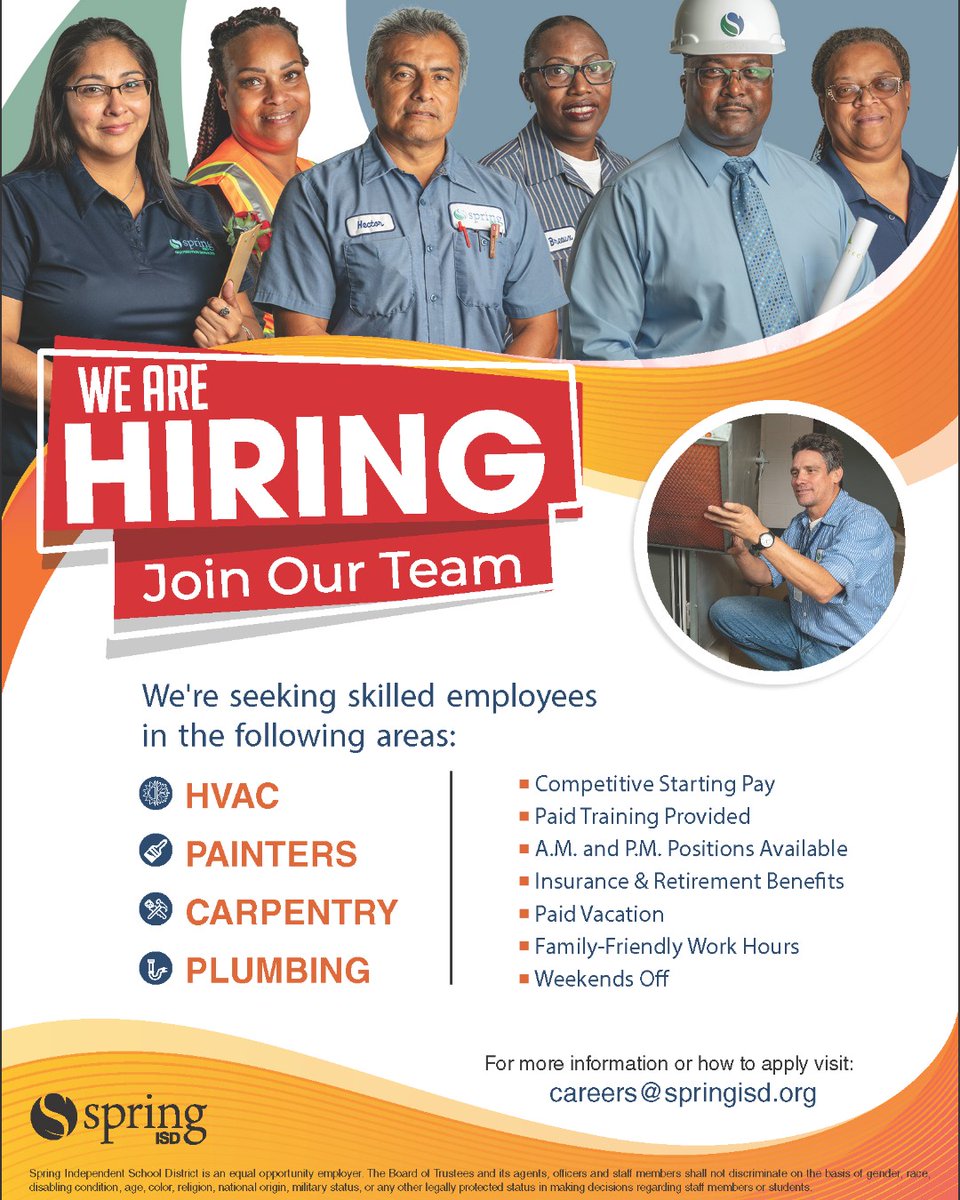 SpringISD's tweet photo. The Spring ISD Maintenance department is hiring! Are you skilled in HVAC, painting, carpentry, or plumbing? Visit https://t.co/ZIjEWC3PCy to apply today. #JoinSpring https://t.co/gQVvdyWmK3
